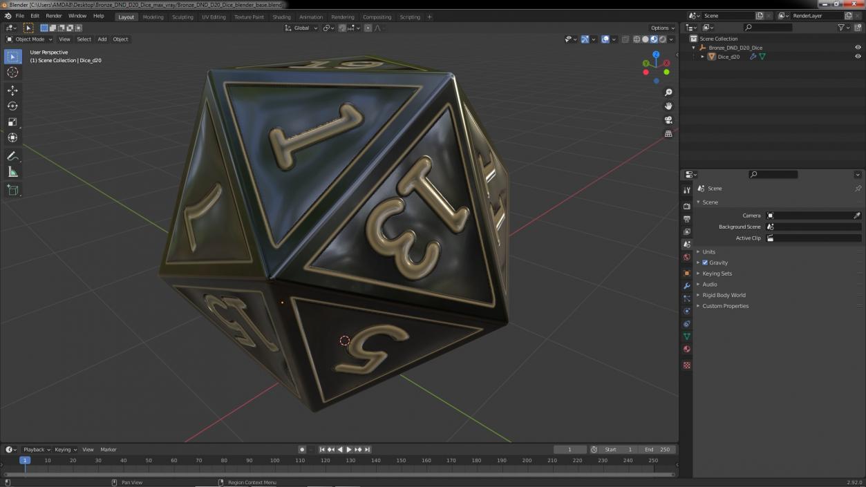 Bronze DND D20 Dice 3D model