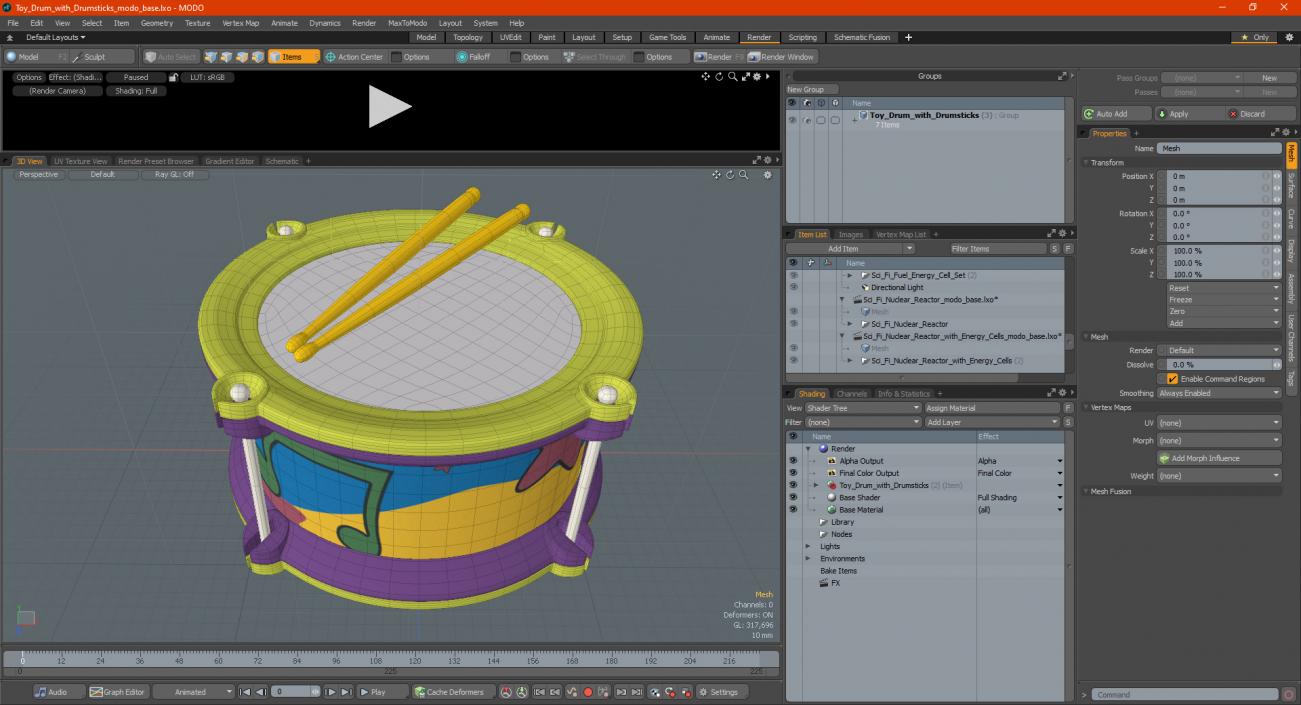 Toy Drum with Drumsticks 3D model