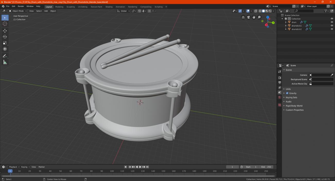 Toy Drum with Drumsticks 3D model