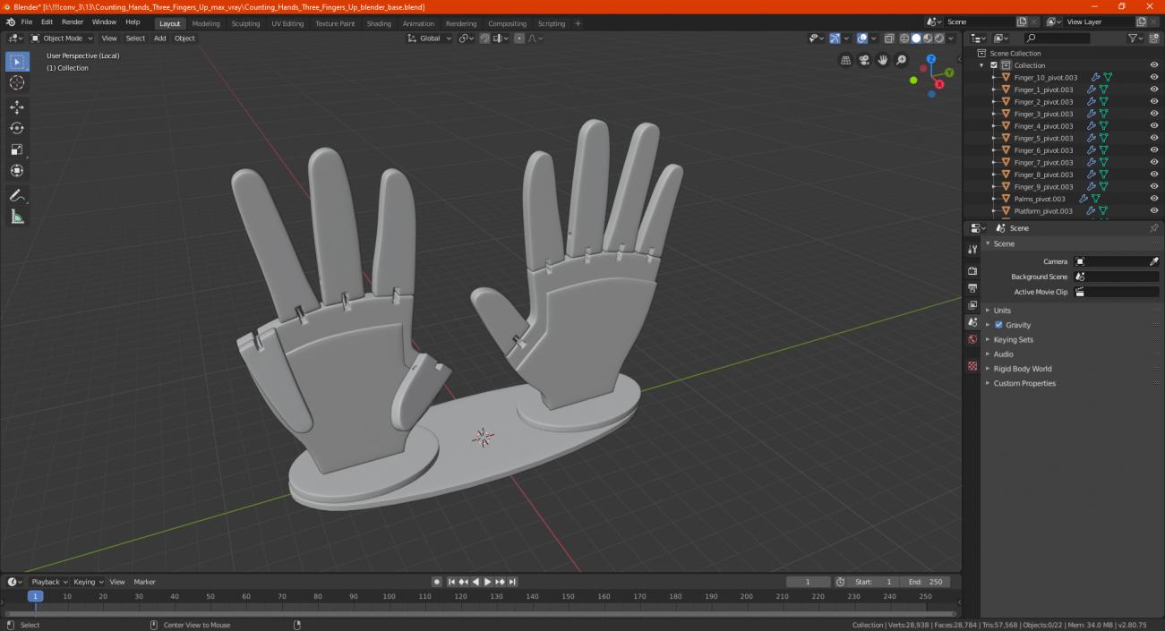 3D Counting Hands Three Fingers Up