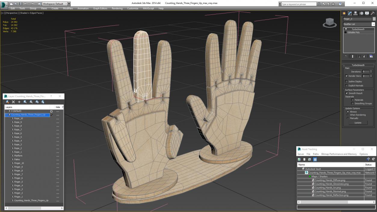 3D Counting Hands Three Fingers Up