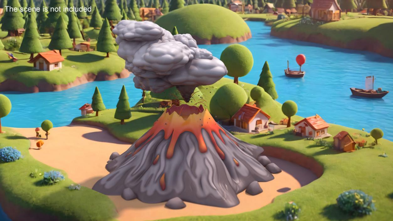 3D model Gray Stylized Erupting Volcano with Lava and Smoke