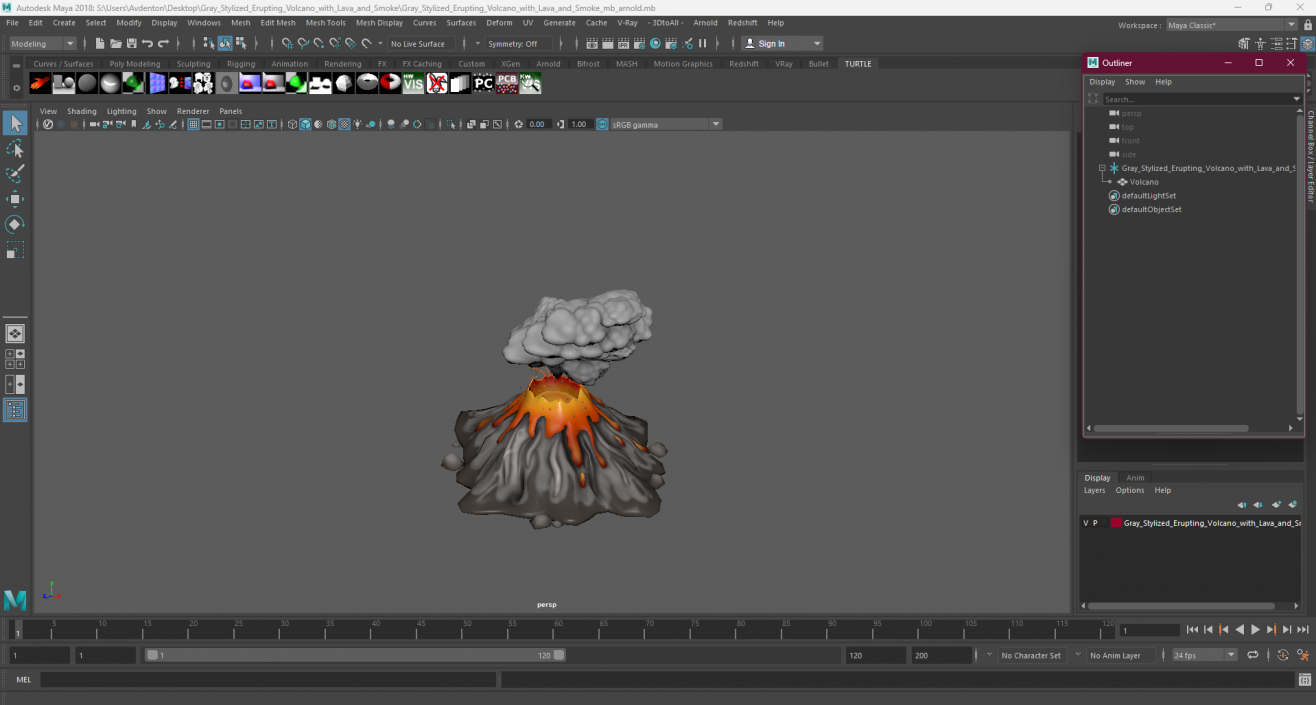 3D model Gray Stylized Erupting Volcano with Lava and Smoke