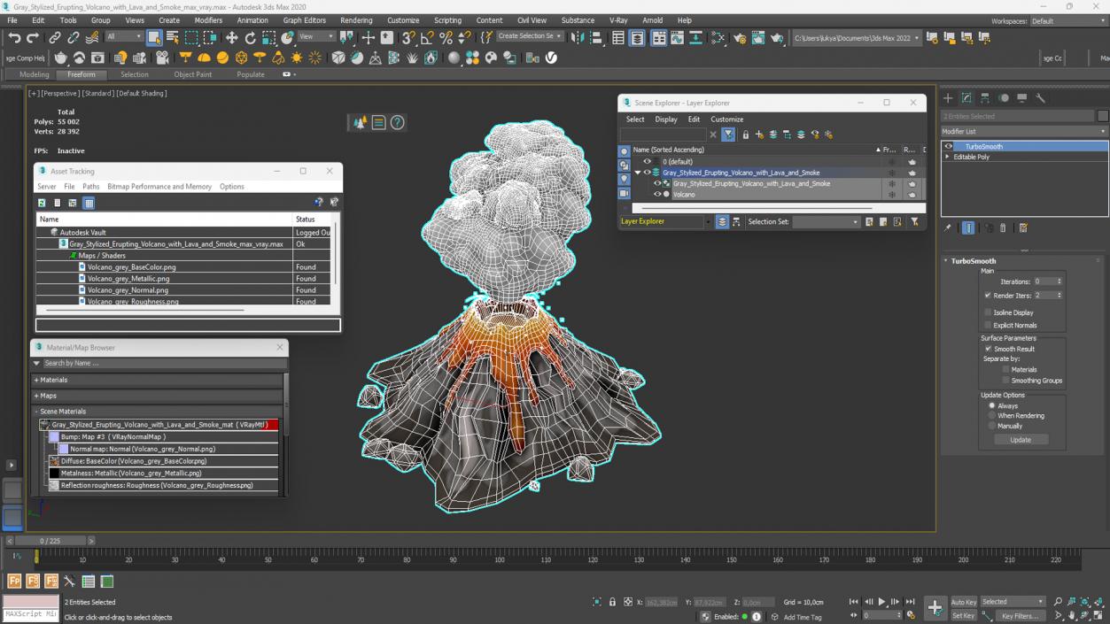 3D model Gray Stylized Erupting Volcano with Lava and Smoke