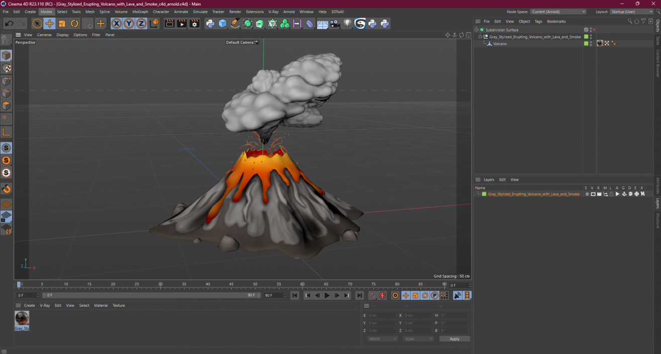 3D model Gray Stylized Erupting Volcano with Lava and Smoke