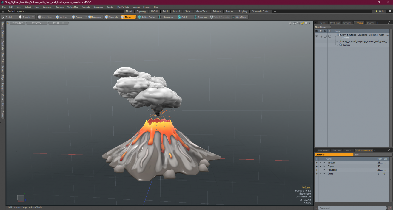 3D model Gray Stylized Erupting Volcano with Lava and Smoke