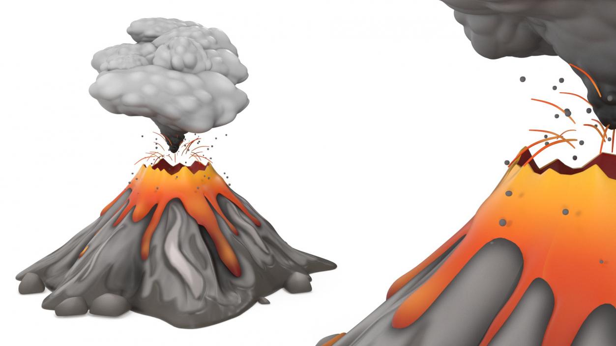 3D model Gray Stylized Erupting Volcano with Lava and Smoke