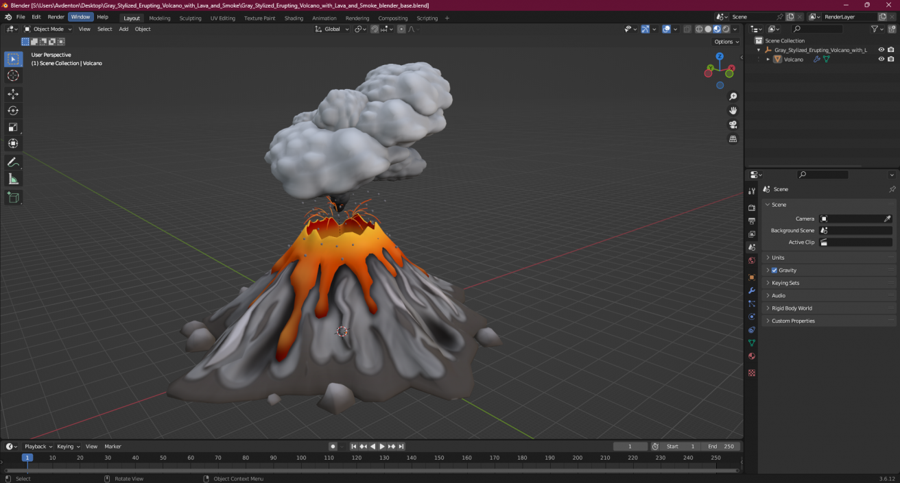 3D model Gray Stylized Erupting Volcano with Lava and Smoke