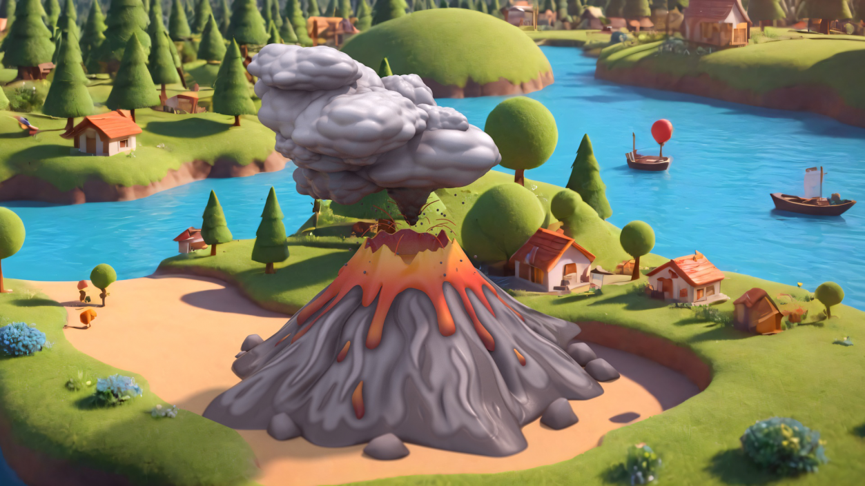 3D model Gray Stylized Erupting Volcano with Lava and Smoke