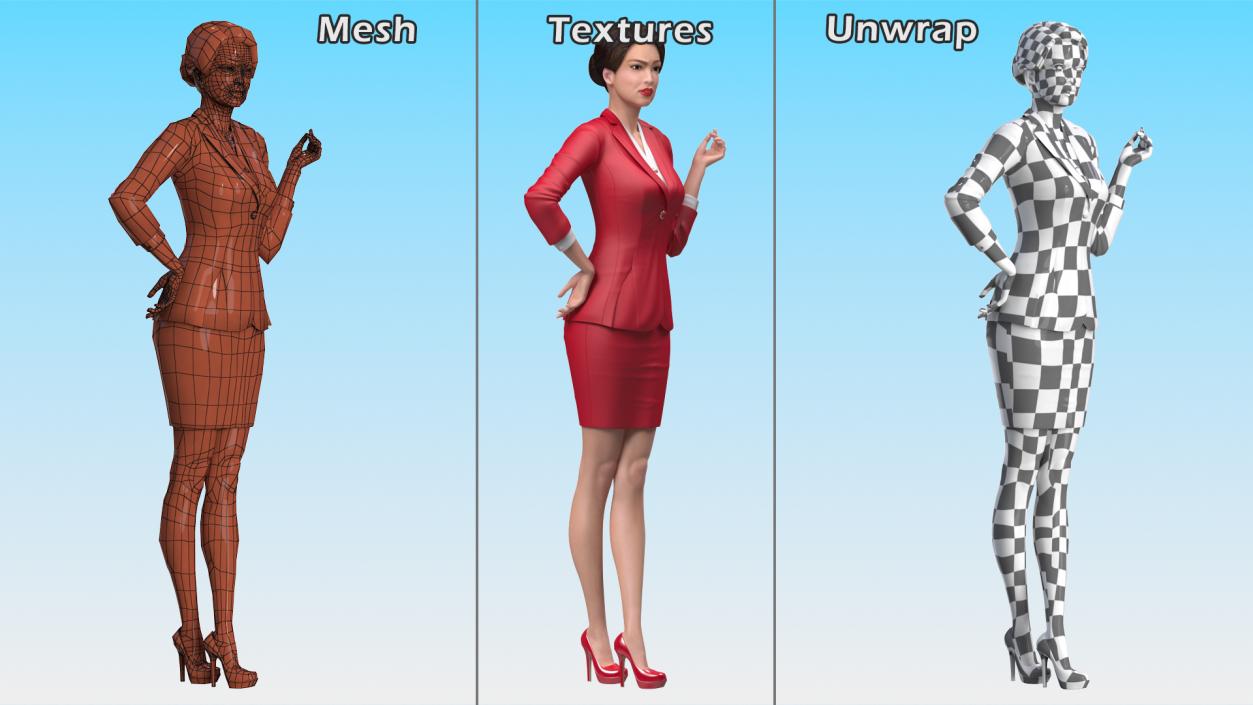 3D Asian Woman wears Red Formal Suit model