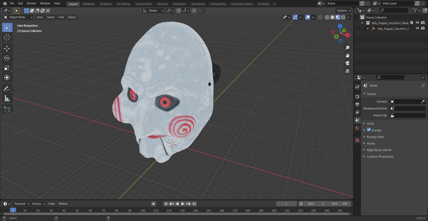 Billy Puppet Vacuform Mask Dressed on Head 3D