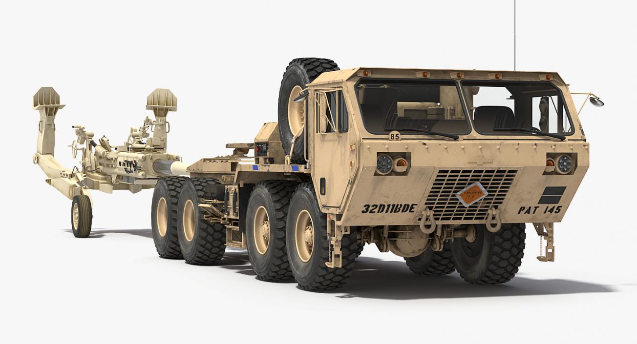 3D Desert Oshkosh HEMTT Towing M777 Howitzer Rigged model