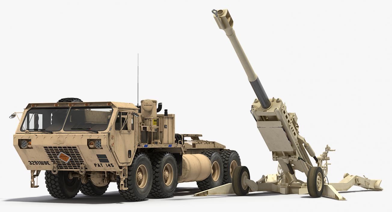 3D Desert Oshkosh HEMTT Towing M777 Howitzer Rigged model