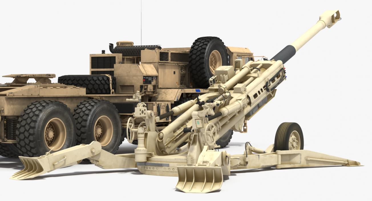 3D Desert Oshkosh HEMTT Towing M777 Howitzer Rigged model