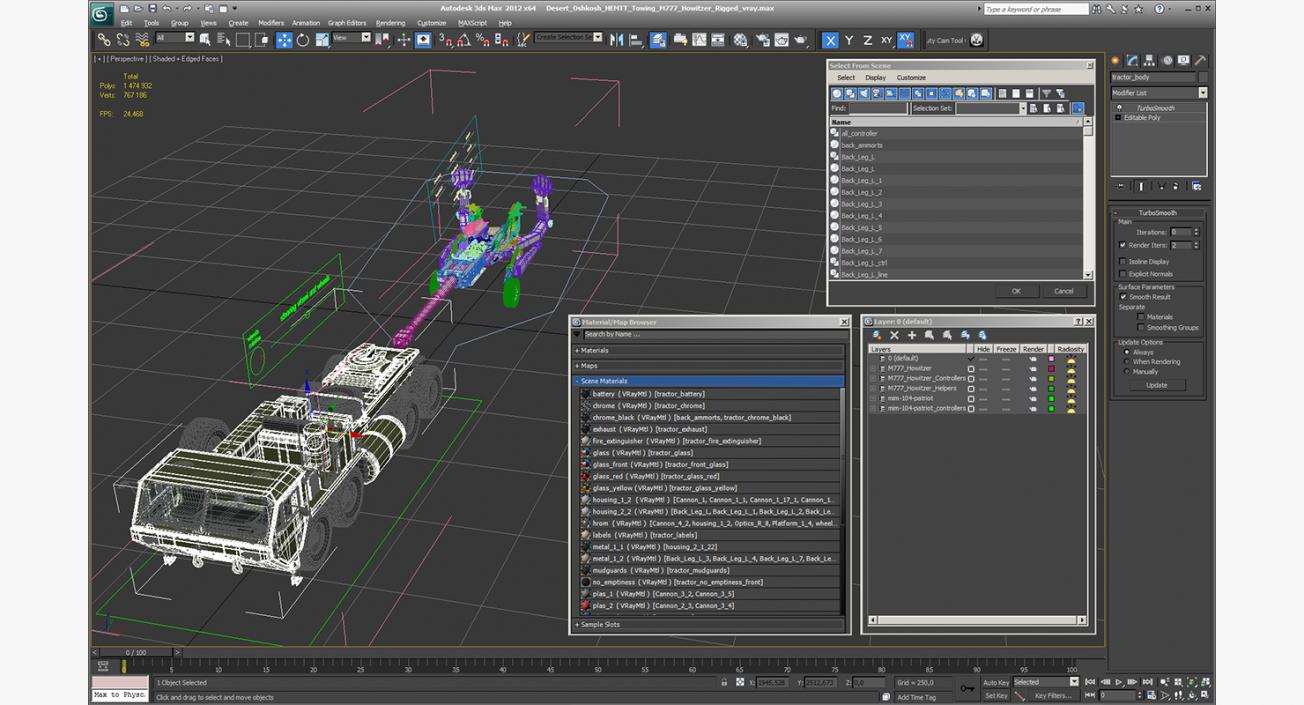 3D Desert Oshkosh HEMTT Towing M777 Howitzer Rigged model