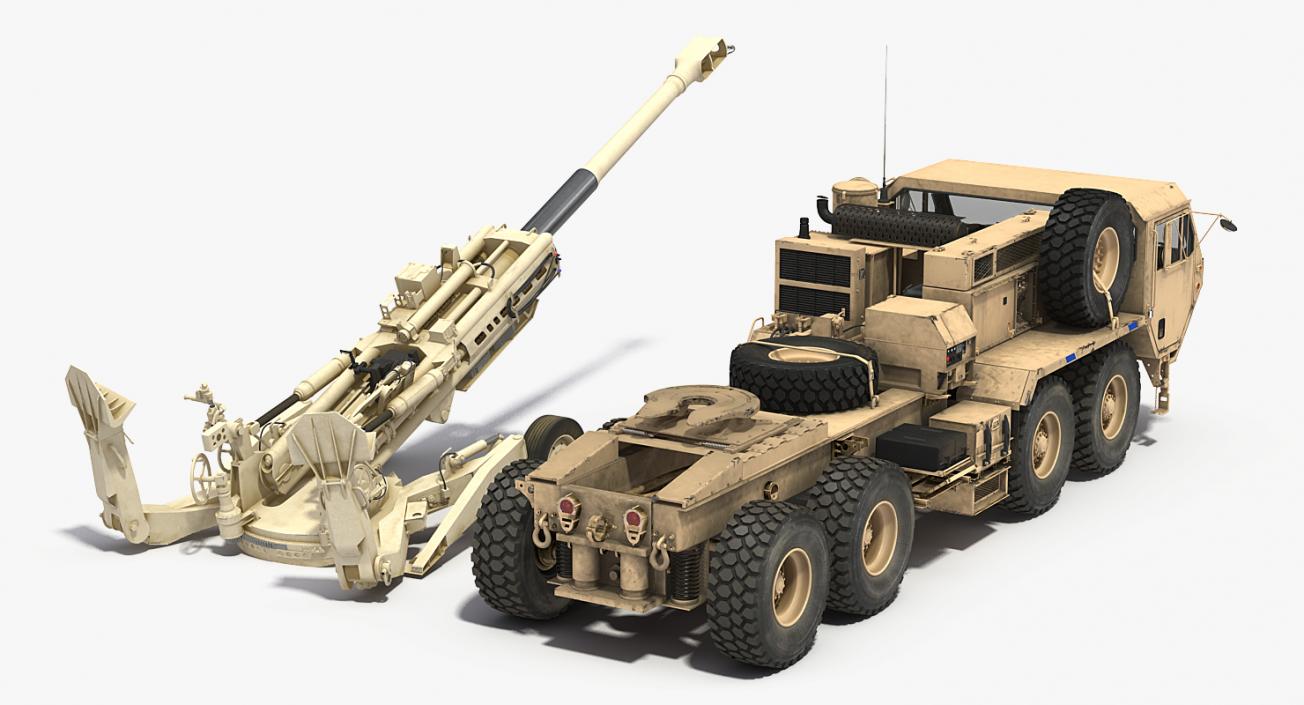 3D Desert Oshkosh HEMTT Towing M777 Howitzer Rigged model