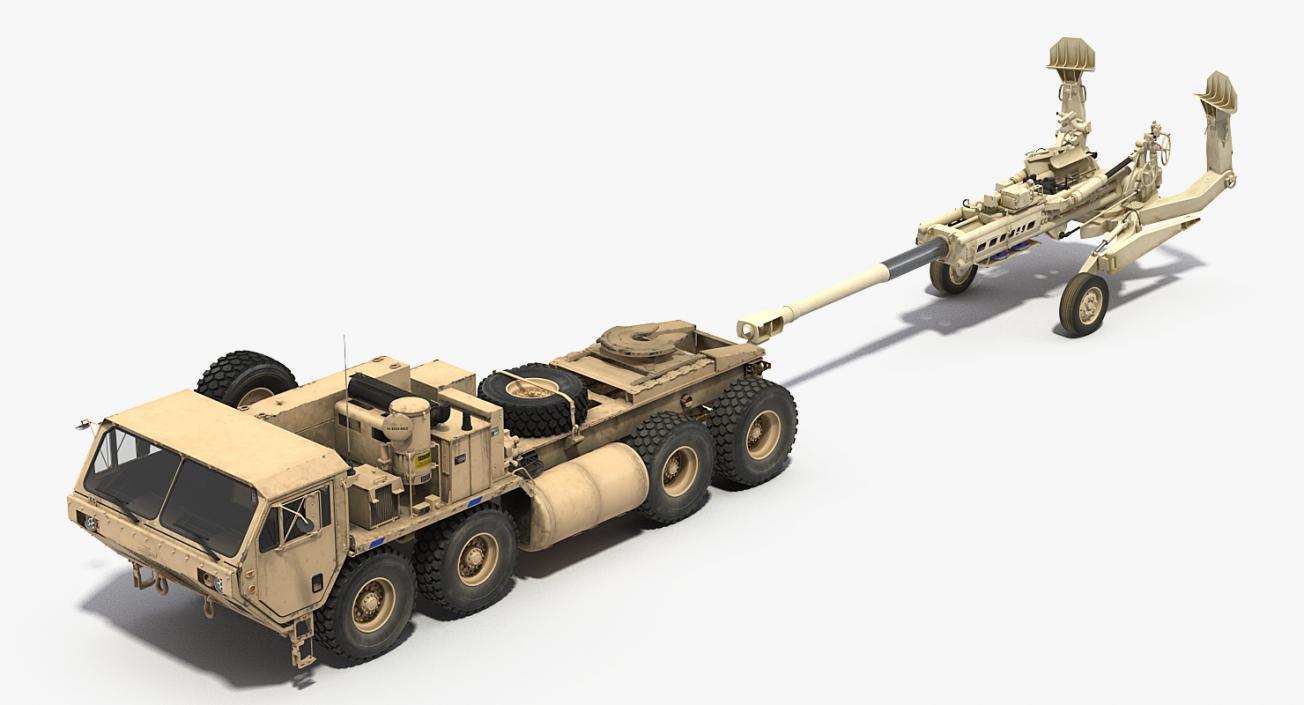 3D Desert Oshkosh HEMTT Towing M777 Howitzer Rigged model