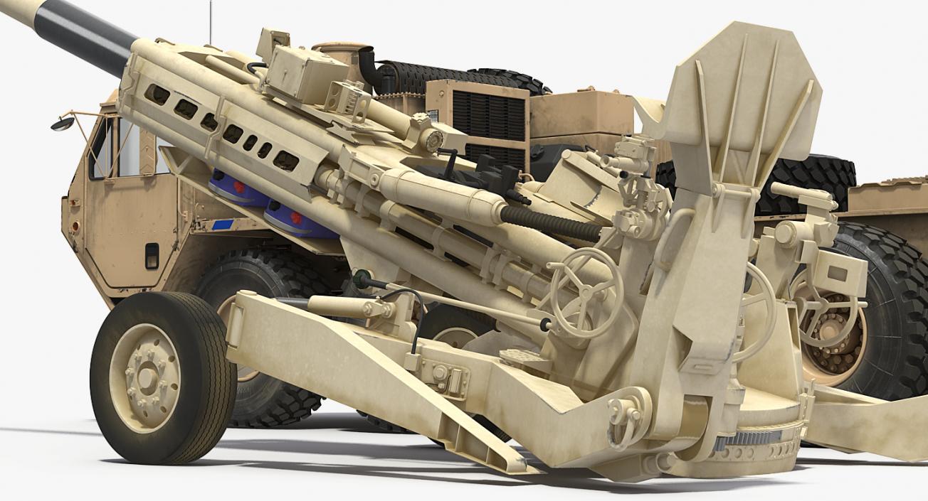 3D Desert Oshkosh HEMTT Towing M777 Howitzer Rigged model