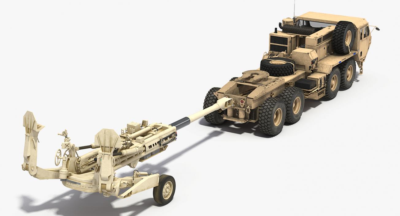 3D Desert Oshkosh HEMTT Towing M777 Howitzer Rigged model