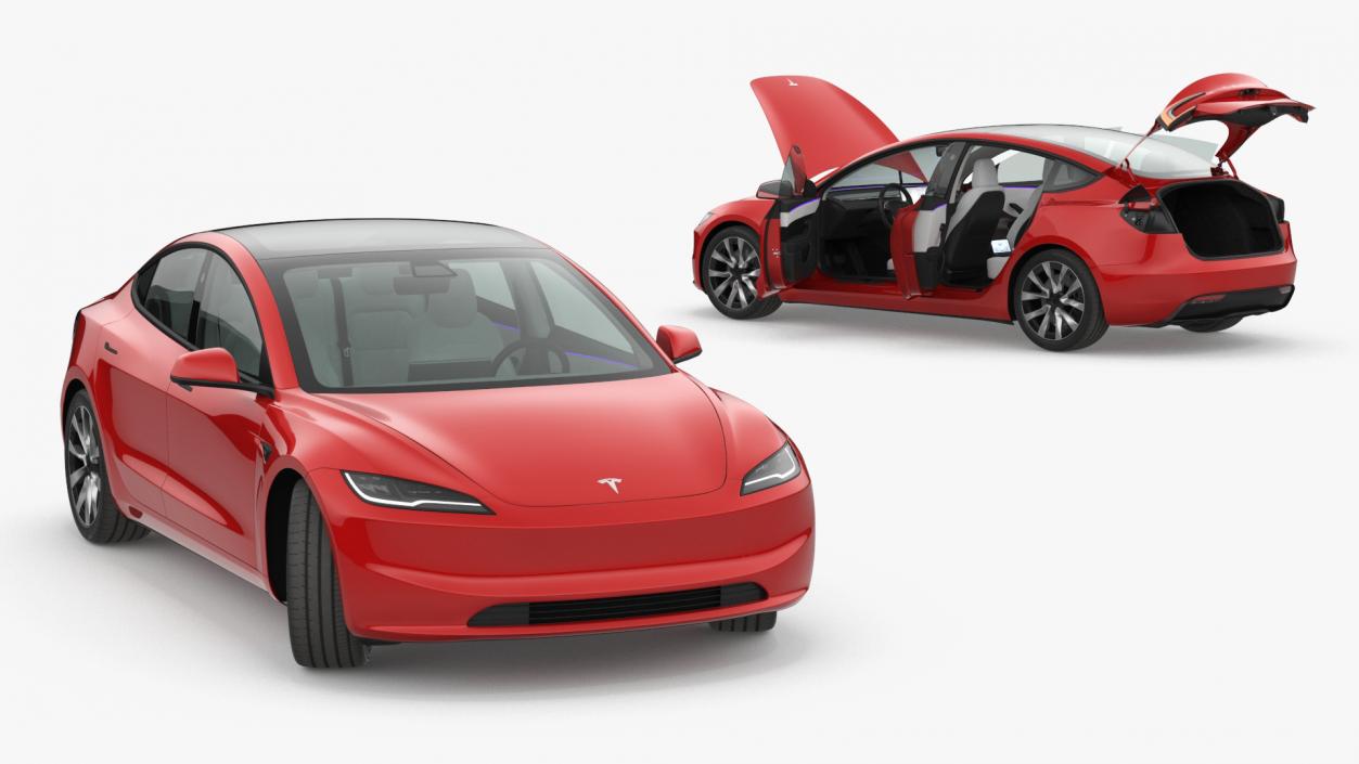 3D Tesla Model 3 2024 Red Lights On Rigged for Maya model