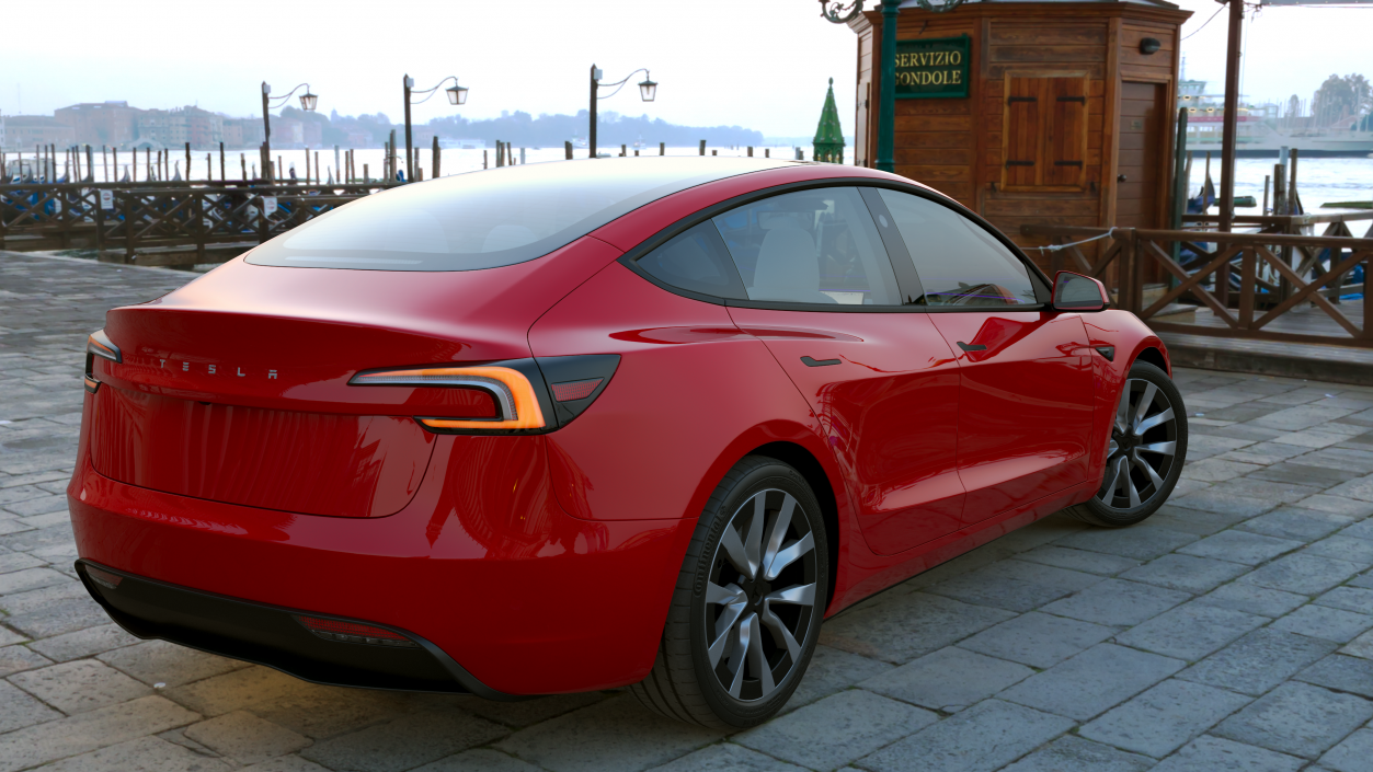 3D Tesla Model 3 2024 Red Lights On Rigged for Maya model