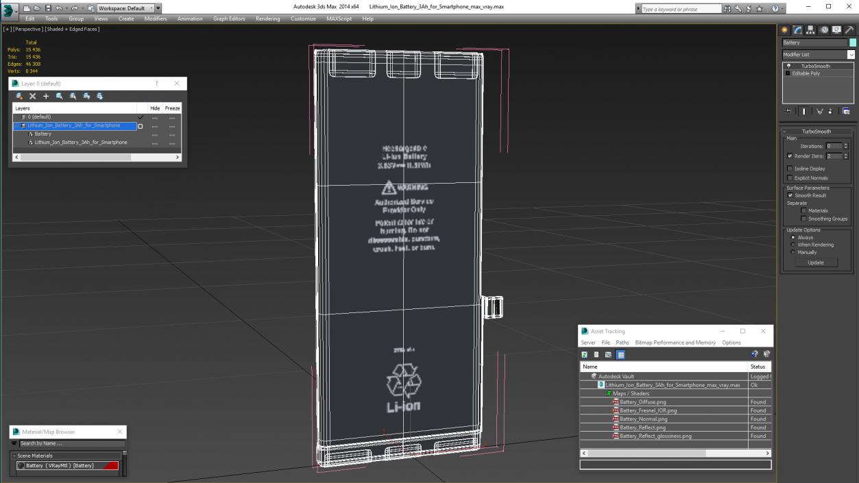 3D Lithium Ion Battery 3Ah for Smartphone model