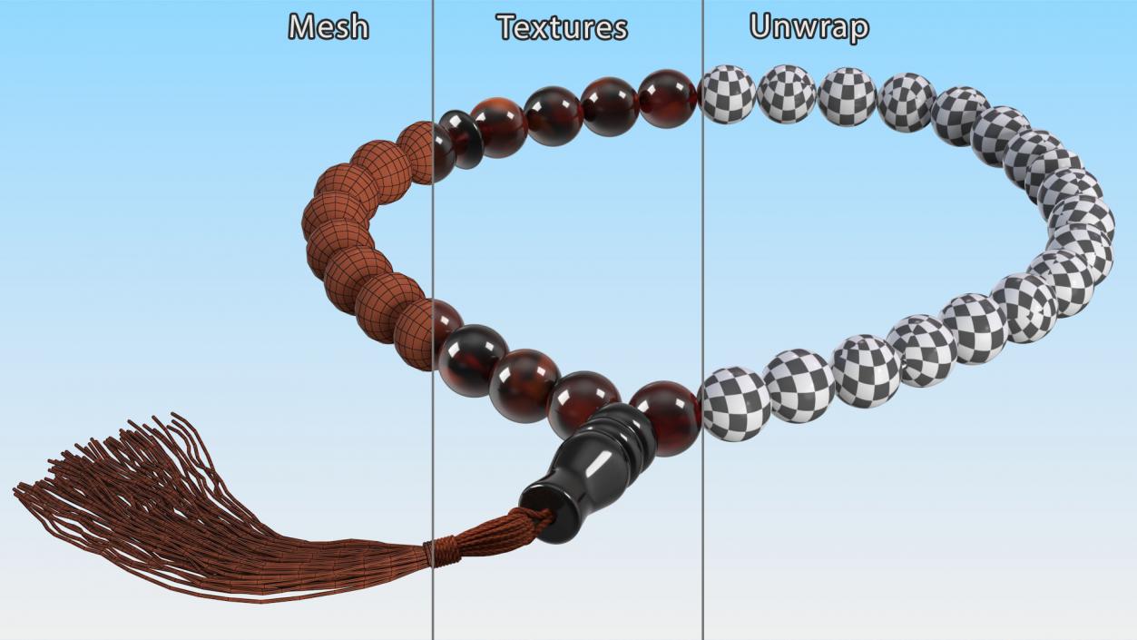 3D Islamic Prayer Beads with Tassel Brown model