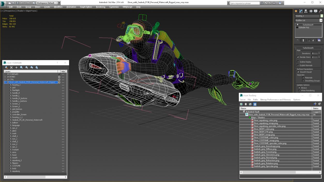 3D Diver with Seabob F5SR Personal Watercraft Rigged for Cinema 4D model