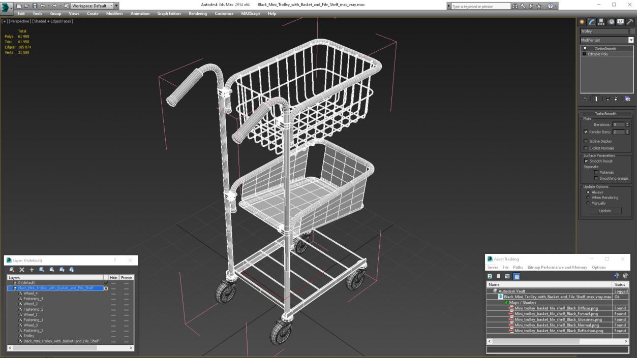 3D model Black Mini Trolley with Basket and File Shelf