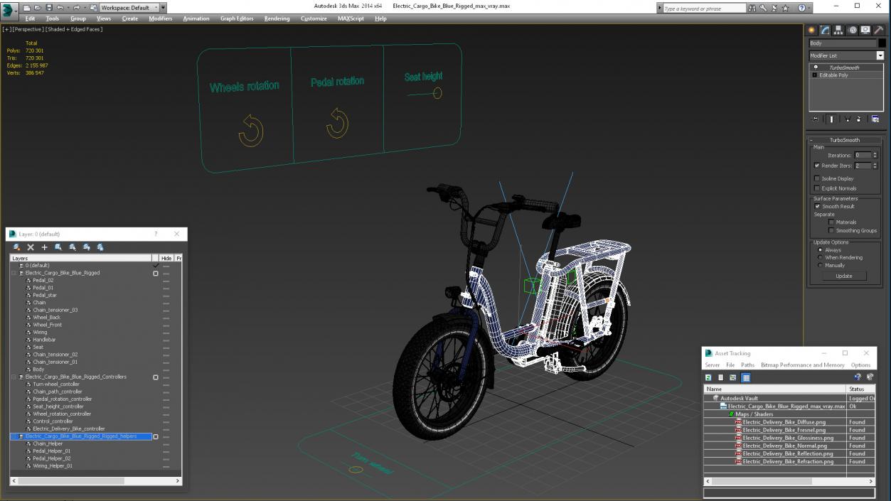 3D model Electric Cargo Bike Blue Rigged for Cinema 4D