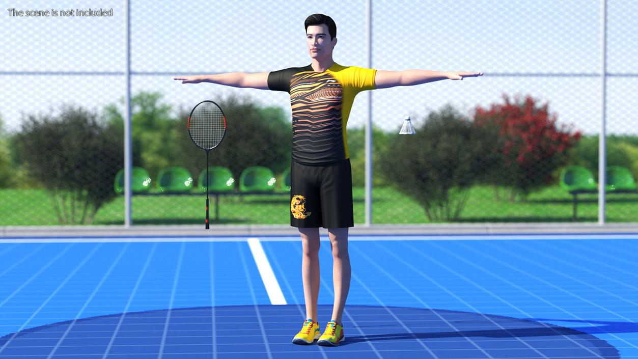 3D Asian Man with Badminton Racket Rigged model