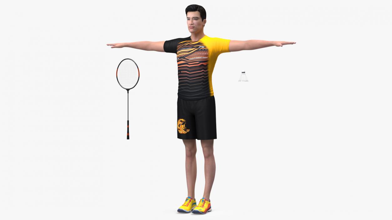 3D Asian Man with Badminton Racket Rigged model