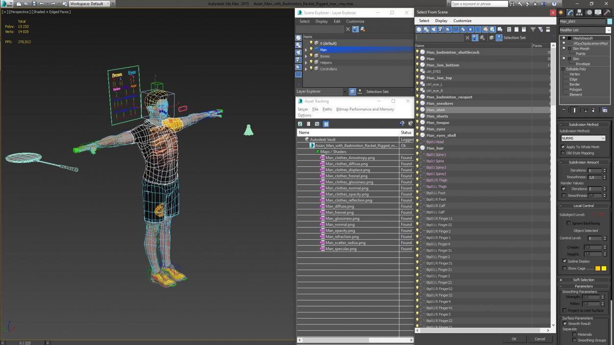 3D Asian Man with Badminton Racket Rigged model