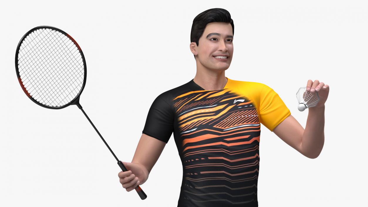 3D Asian Man with Badminton Racket Rigged model