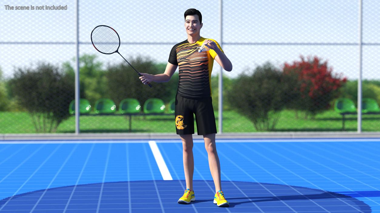 3D Asian Man with Badminton Racket Rigged model