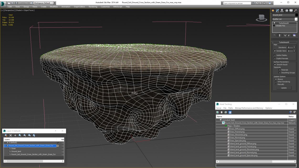 Round Soil Ground Cross Section with Green Grass Fur 3D