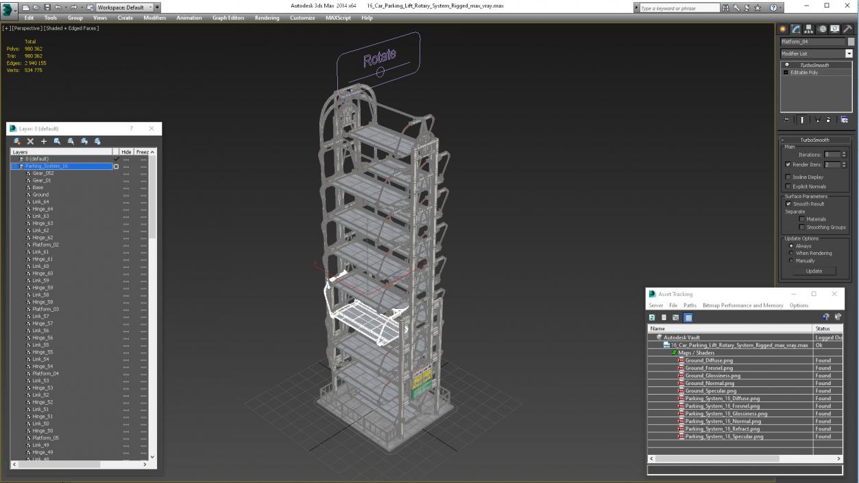 3D model 16 Car Parking Lift Rotary System Rigged