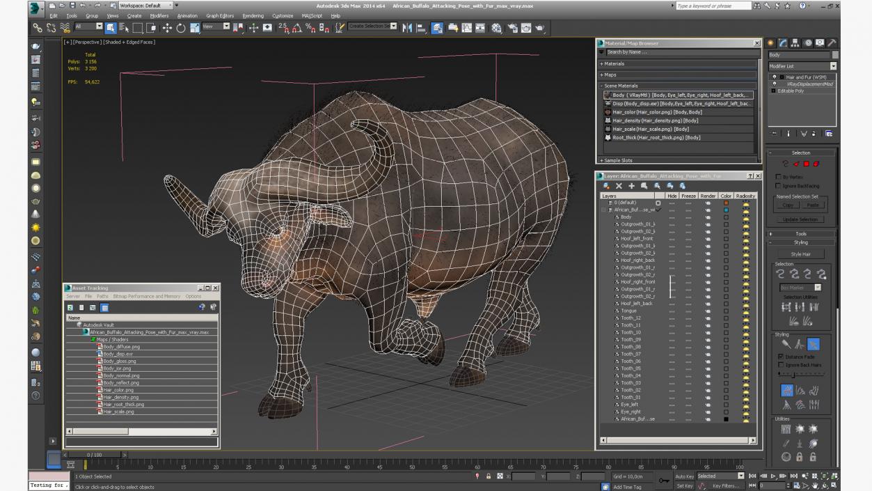 African Buffalo Attacking Pose with Fur 3D model