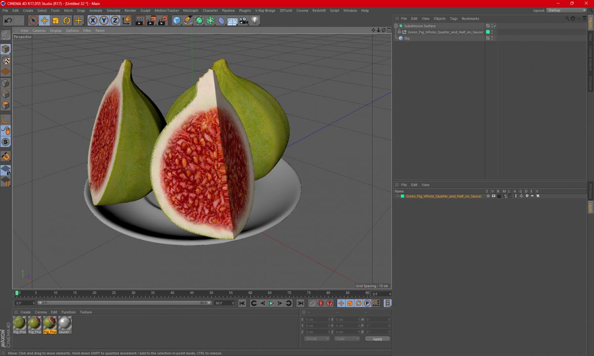 Green Fig Whole Quarter and Half on Saucer 3D