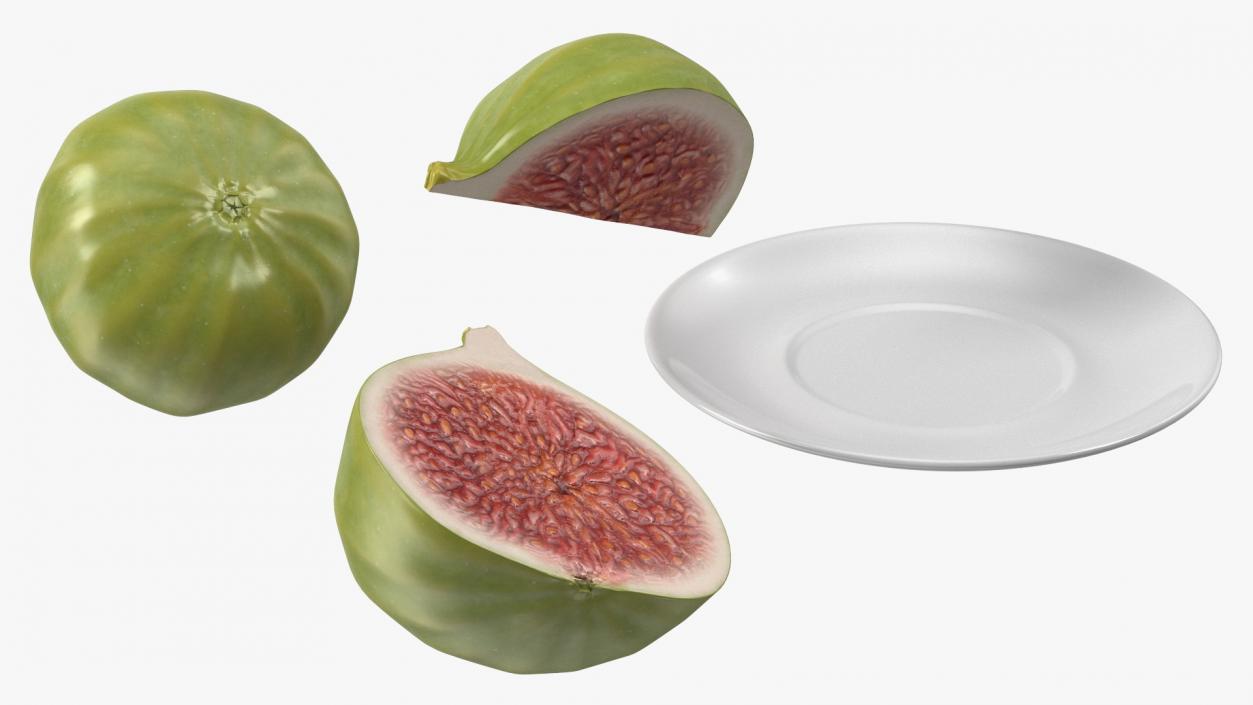 Green Fig Whole Quarter and Half on Saucer 3D