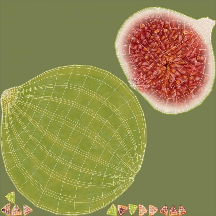 Green Fig Whole Quarter and Half on Saucer 3D