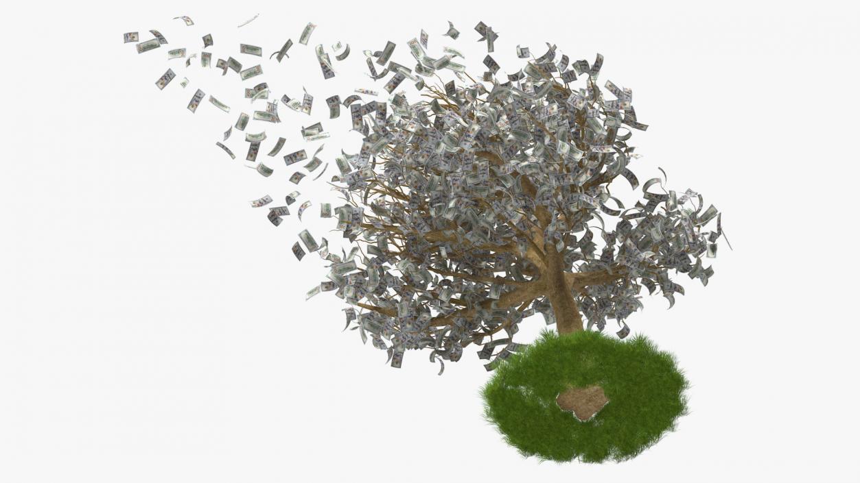 3D Money Tree with Dollars Blown by the Wind