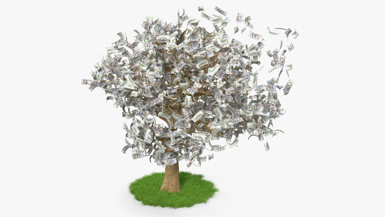 3D Money Tree with Dollars Blown by the Wind