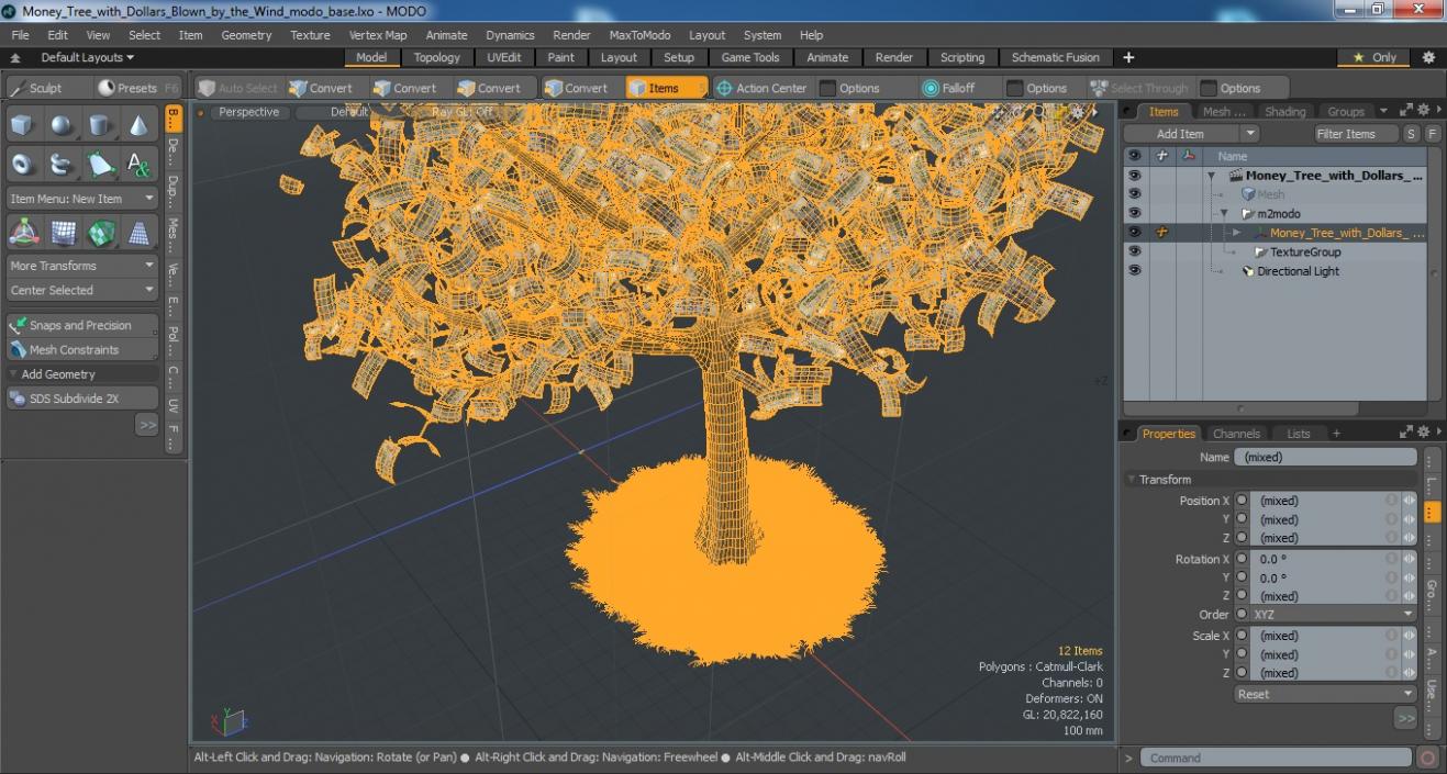 3D Money Tree with Dollars Blown by the Wind