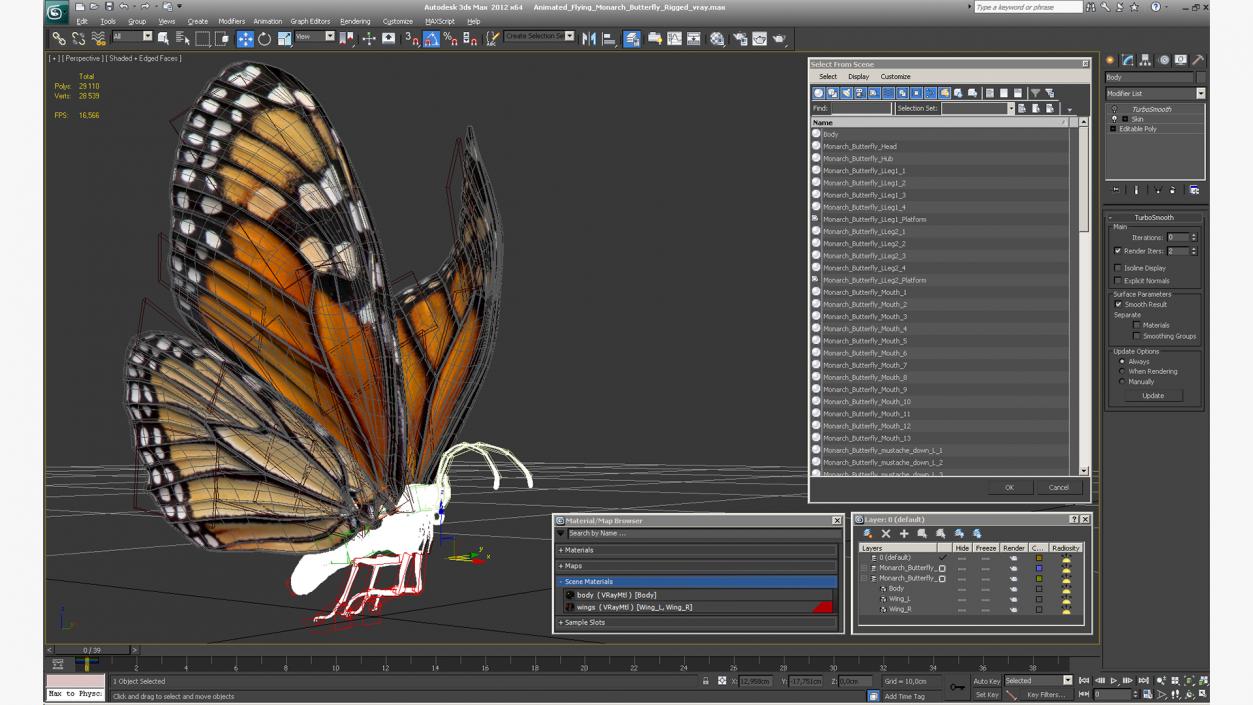 3D model Animated Flying Monarch Butterfly Rigged