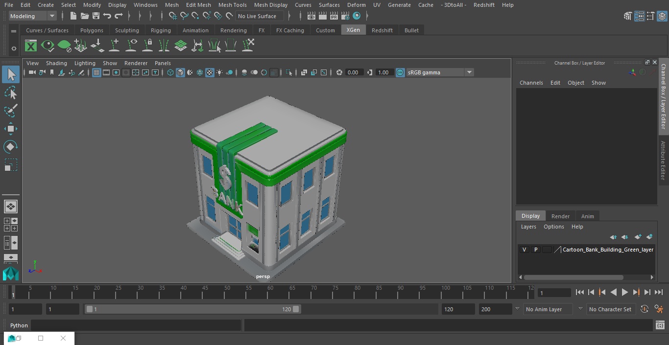 Cartoon Bank Building Green 3D