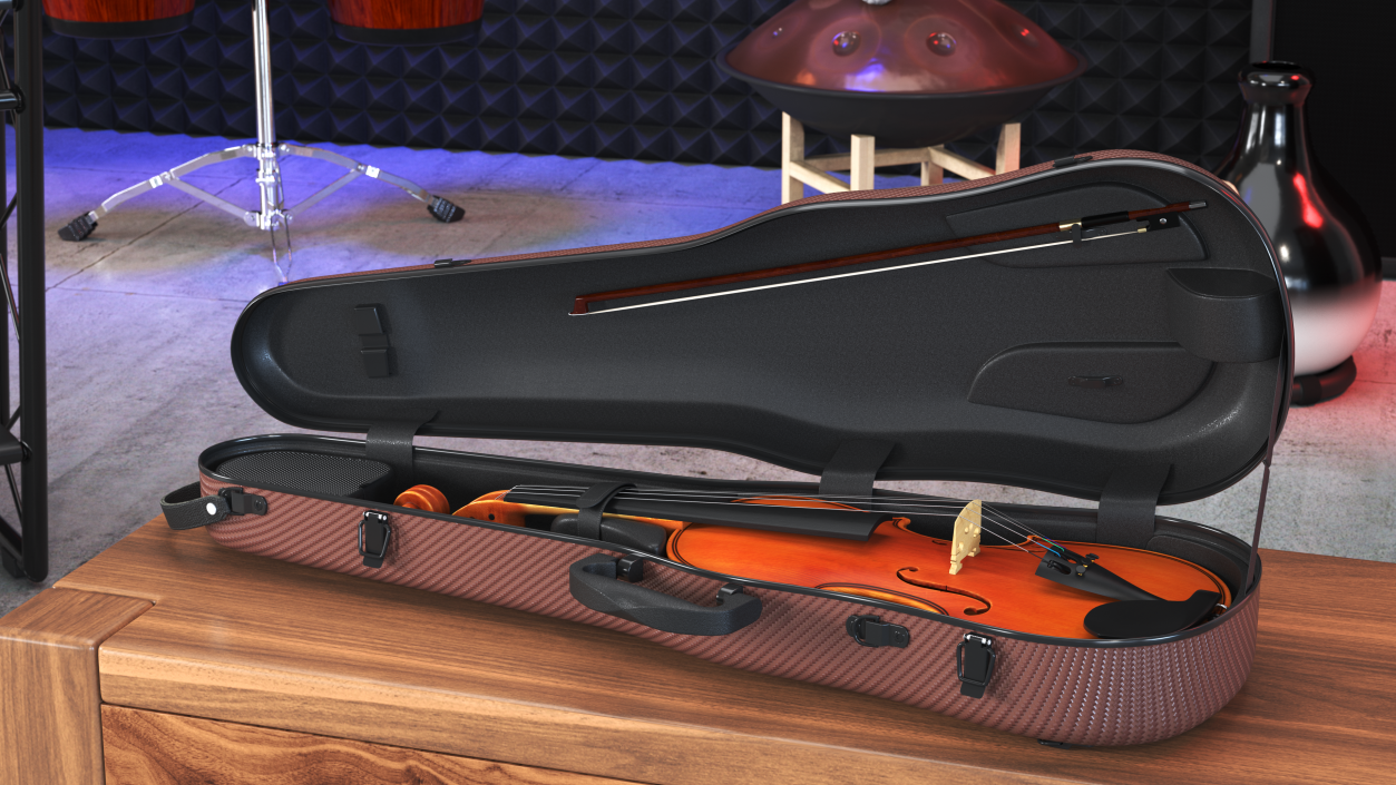 3D Violin Shaped Case Brown Open with Violin