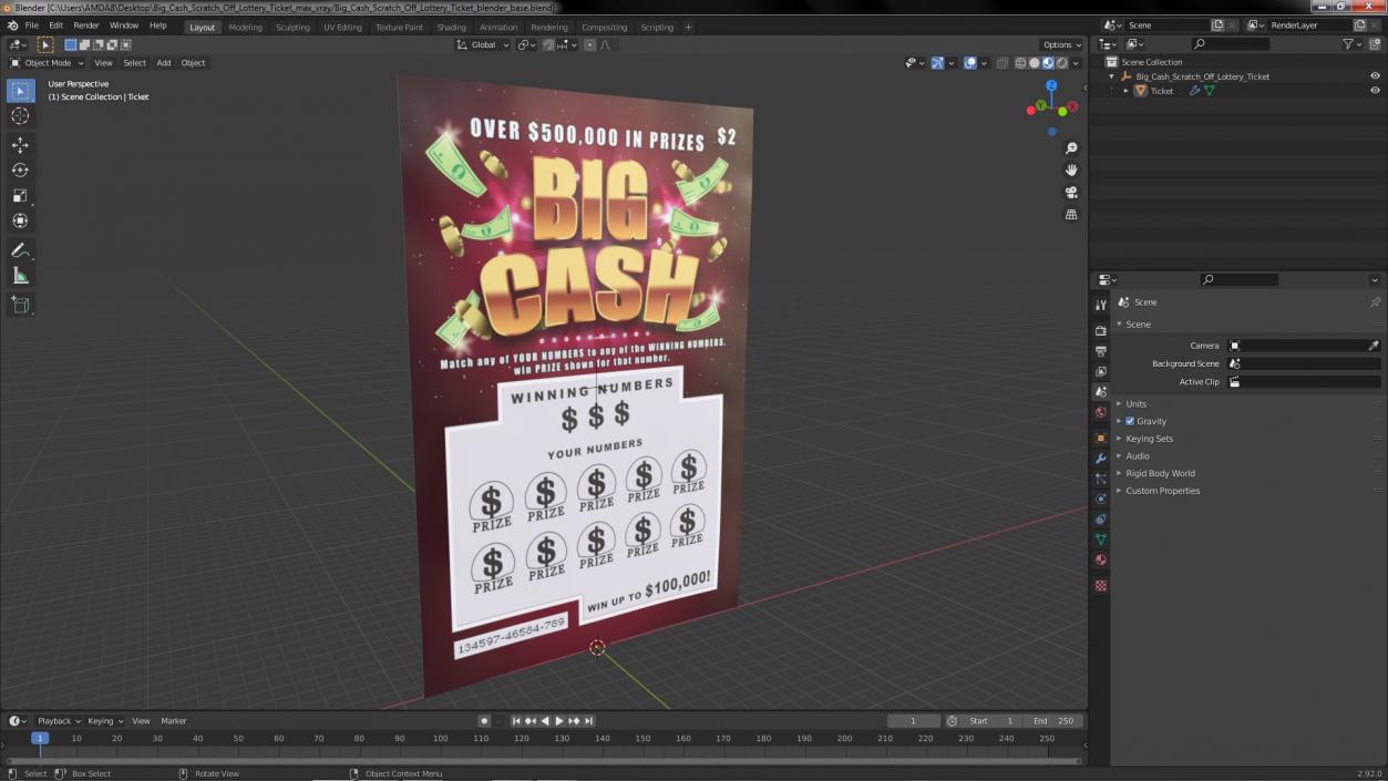 3D model Big Cash Scratch Off Lottery Ticket