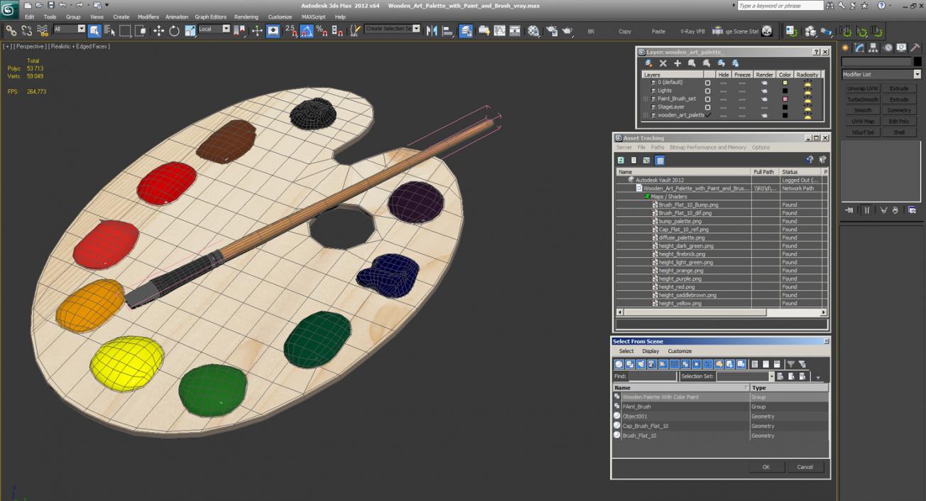 Wooden Art Palette with Paint and Brush 3D model