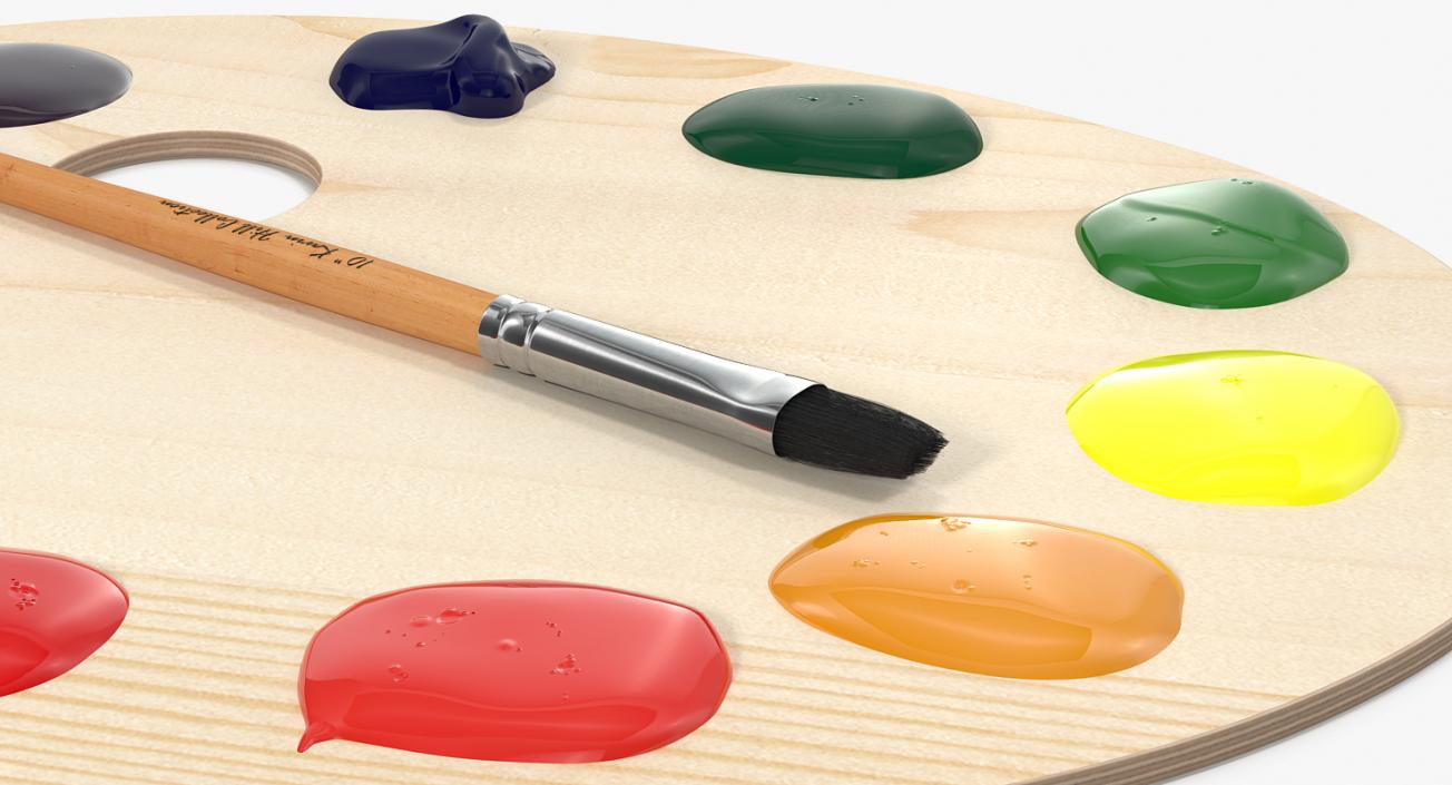 Wooden Art Palette with Paint and Brush 3D model